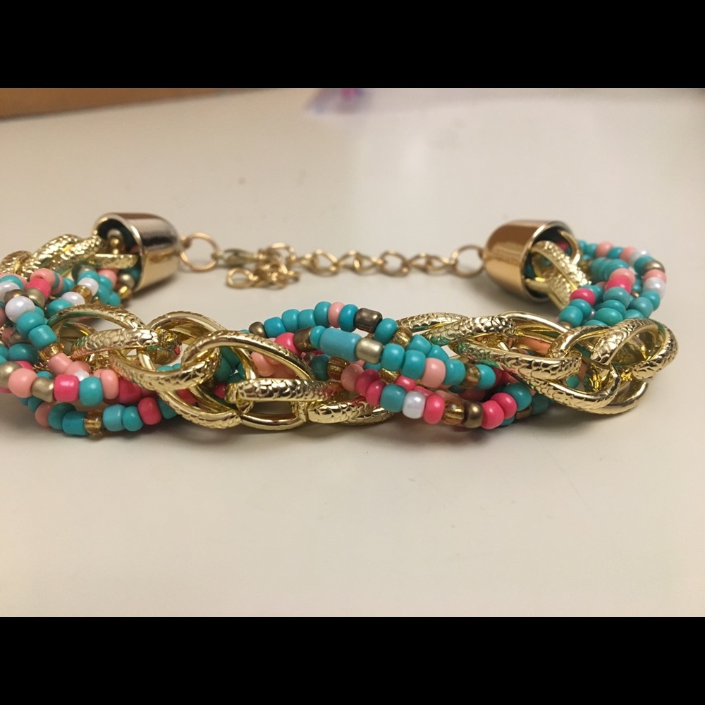 Teal Pink and Gold Chain Beaded Bracelet